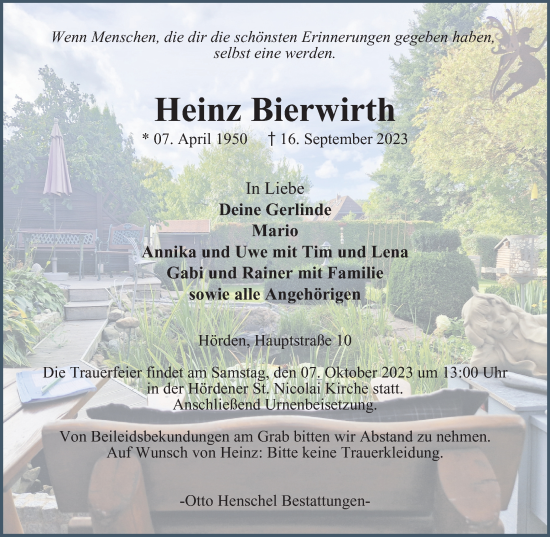 Traueranzeige von Heinz Bierwirth von Harz Kurier