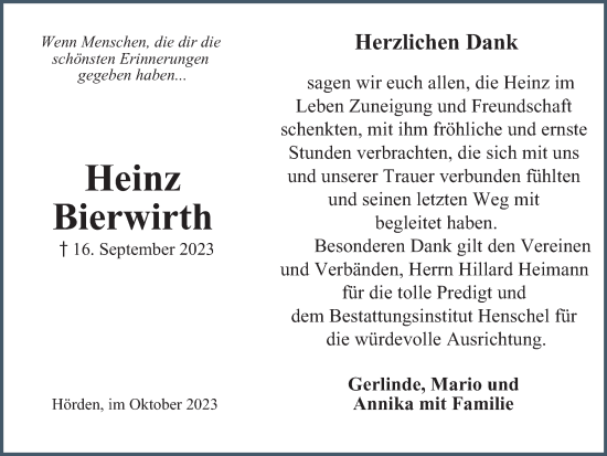 Traueranzeige von Heinz Bierwirth von Harz Kurier