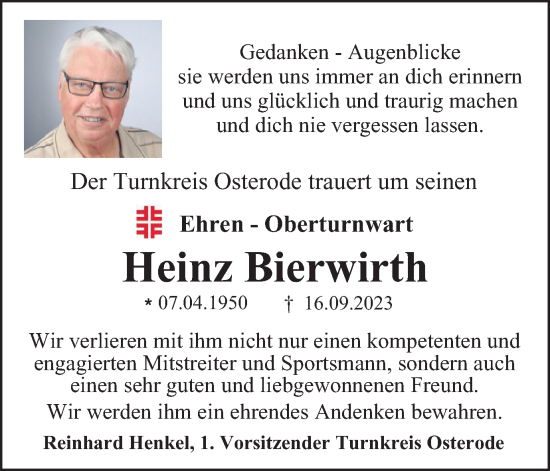 Traueranzeige von Heinz Bierwirth von Harz Kurier