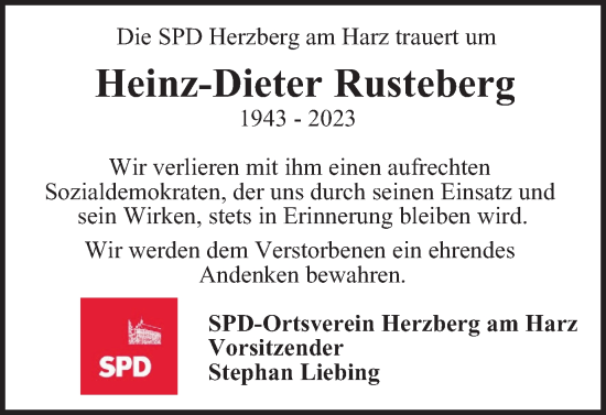 Traueranzeige von Heinz-Dieter Rusteberg von Harz Kurier