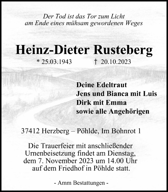 Traueranzeige von Heinz-Dieter Rusteberg von Harz Kurier