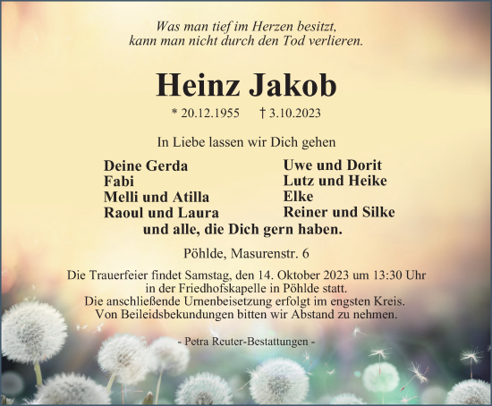 Traueranzeige von Heinz Jakob von Harz Kurier