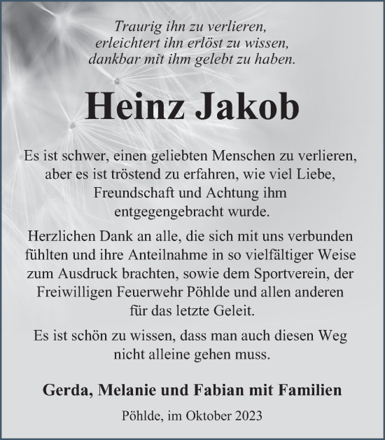 Traueranzeige von Heinz Jakob von Harz Kurier