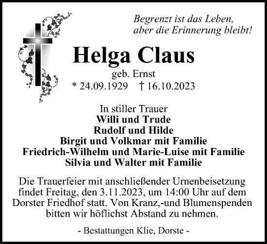 Traueranzeige von Helga Claus von Harz Kurier