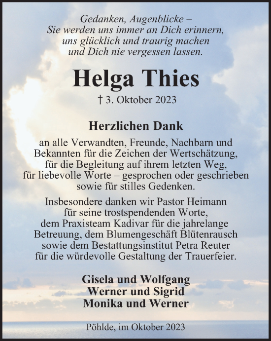 Traueranzeige von Helga Thies von Harz Kurier