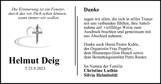 Traueranzeige von Helmut Deig von Harz Kurier