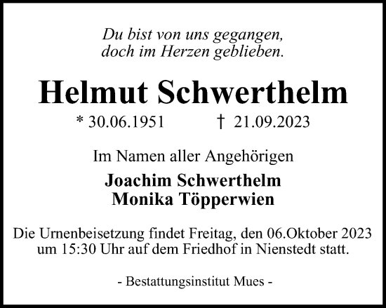 Traueranzeige von Helmut Schwerthelm von Harz Kurier