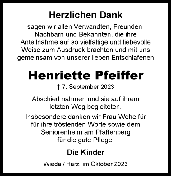 Traueranzeige von Henriette Pfeiffer von Harz Kurier