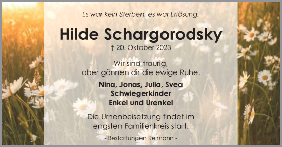 Traueranzeige von Hilde Schargorodsky von Harz Kurier