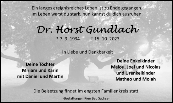 Traueranzeige von Horst Gundlach von Harz Kurier