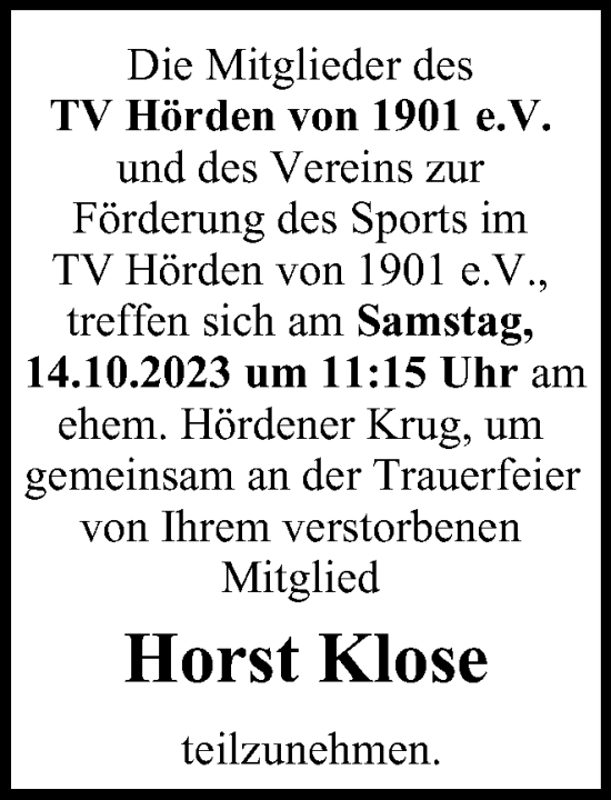 Traueranzeige von Horst Klose von Harz Kurier