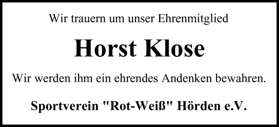 Traueranzeige von Horst Klose von Harz Kurier