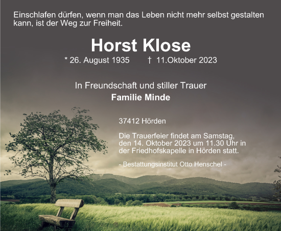 Traueranzeige von Horst Klose von Harz Kurier