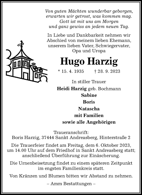 Traueranzeige von Hugo Harzig von Harz Kurier