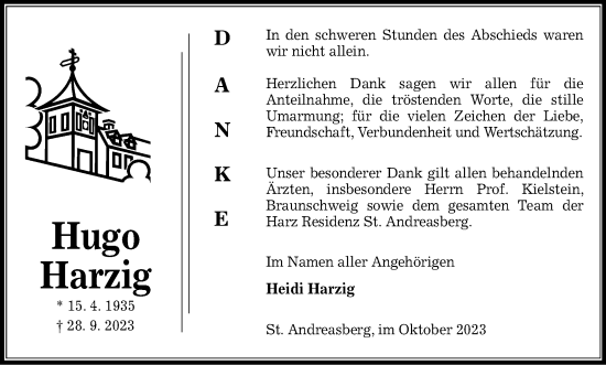 Traueranzeige von Hugo Harzig von Harz Kurier