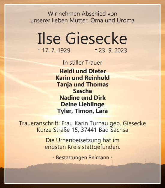 Traueranzeige von Ilse Giesecke von Harz Kurier