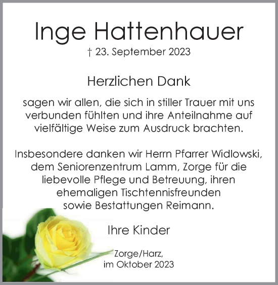 Traueranzeige von Inge Hattenhauer von Harz Kurier