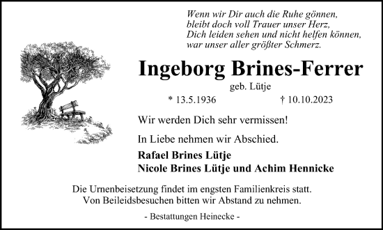 Traueranzeige von Ingeborg Brines-Ferrer von Harz Kurier