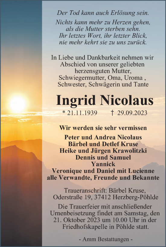 Traueranzeige von Ingrid Nicolaus von Harz Kurier