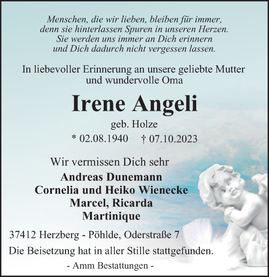 Traueranzeige von Irene Angeli von Harz Kurier