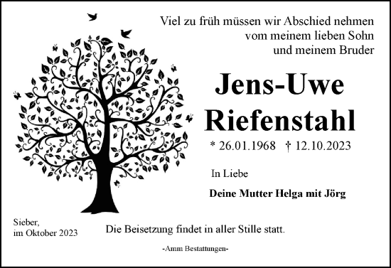 Traueranzeige von Jens-Uwe Riefenstahl von Harz Kurier