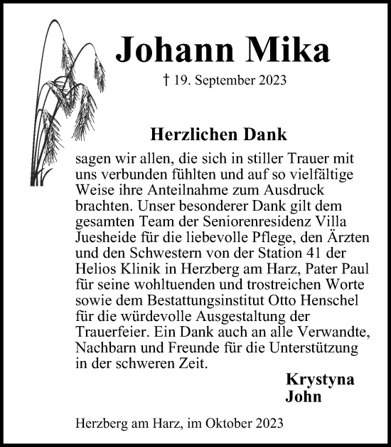 Traueranzeige von Johann Mika von Harz Kurier