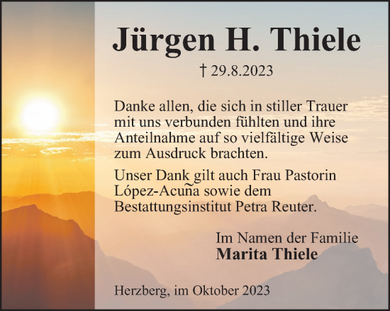 Traueranzeige von Jürgen H. Thiele von Harz Kurier