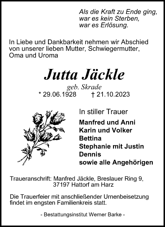 Traueranzeige von Jutta Jäckle von Harz Kurier