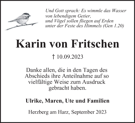 Traueranzeige von Karin von Fritschen von Harz Kurier