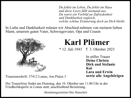 Traueranzeige von Karl Plümer von Harz Kurier