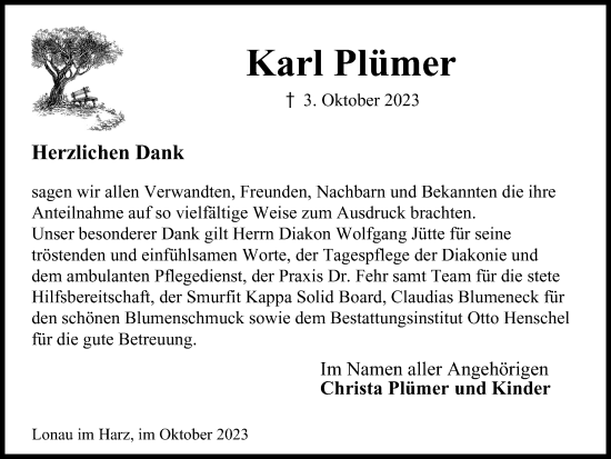 Traueranzeige von Karl Plümer von Harz Kurier