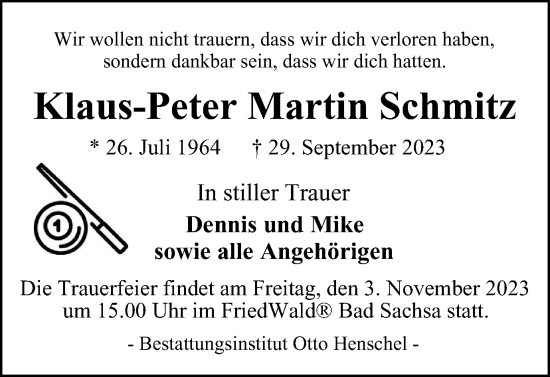 Traueranzeige von Klaus-Peter Martin Schmitz von Harz Kurier