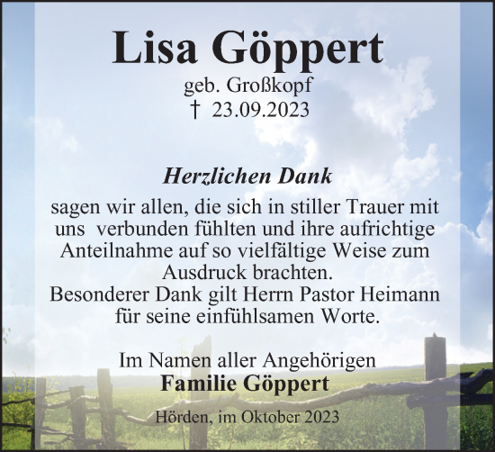 Traueranzeige von Lisa Göppert von Harz Kurier