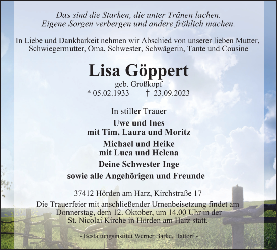 Traueranzeige von Lisa Göppert von Harz Kurier