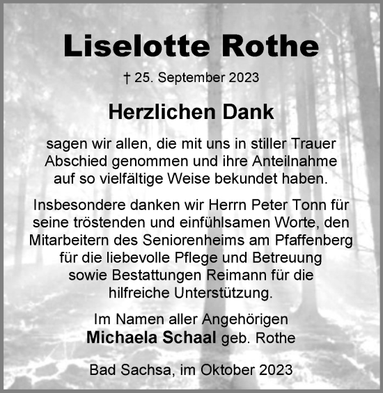 Traueranzeige von Liselotte Rothe von Harz Kurier