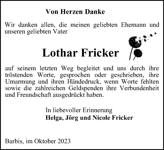 Traueranzeige von Lothar Fricker von Harz Kurier
