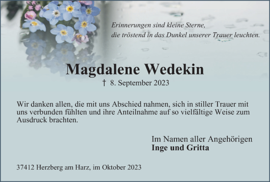Traueranzeige von Magdalene Wedekin von Harz Kurier