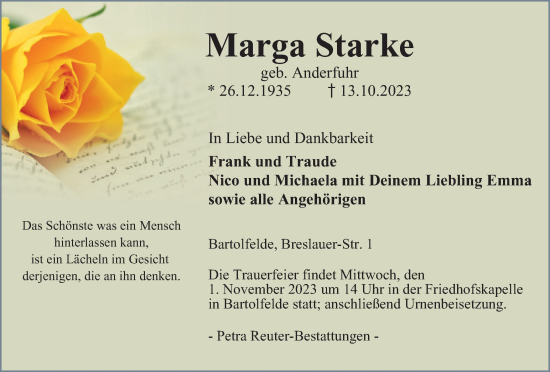 Traueranzeige von Marga Starke von Harz Kurier