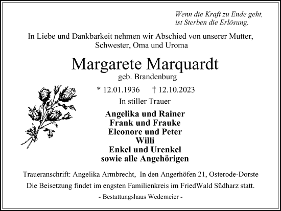 Traueranzeige von Margarete Marquardt von Harz Kurier