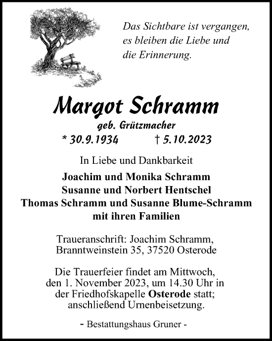 Traueranzeige von Margot Schramm von Harz Kurier