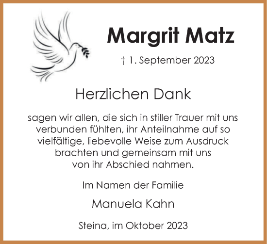 Traueranzeige von Margrit Matz von Harz Kurier