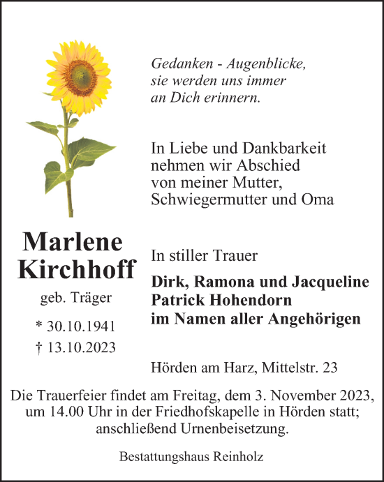 Traueranzeige von Marlene Kirchhoff von Harz Kurier
