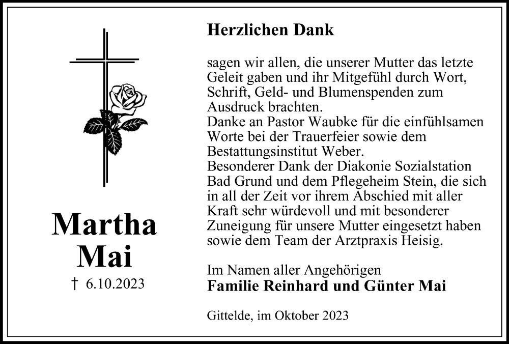  Traueranzeige für Martha Mai vom 28.10.2023 aus Harz Kurier