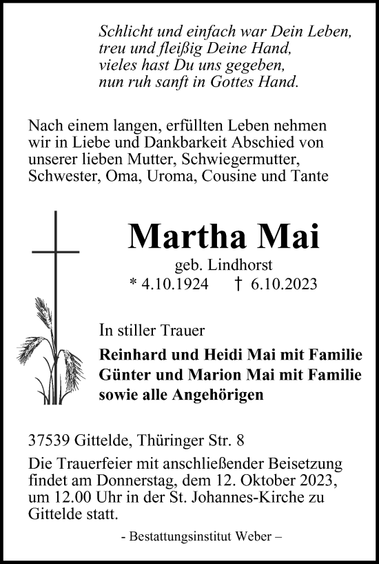 Traueranzeige von Martha Mai von Harz Kurier