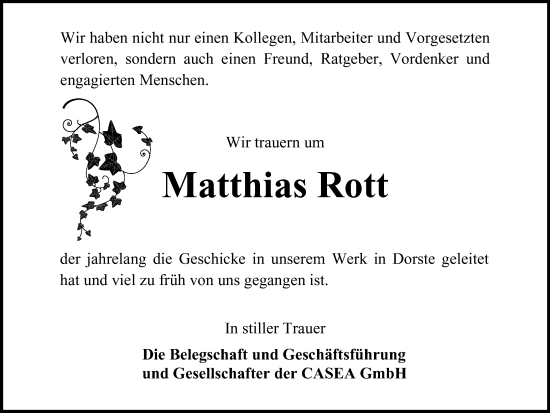 Traueranzeige von Matthias Rott von Harz Kurier