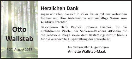 Traueranzeige von Otto Wallstab von Harz Kurier