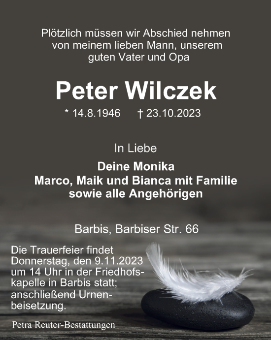 Traueranzeige von Peter Wilczek von Harz Kurier
