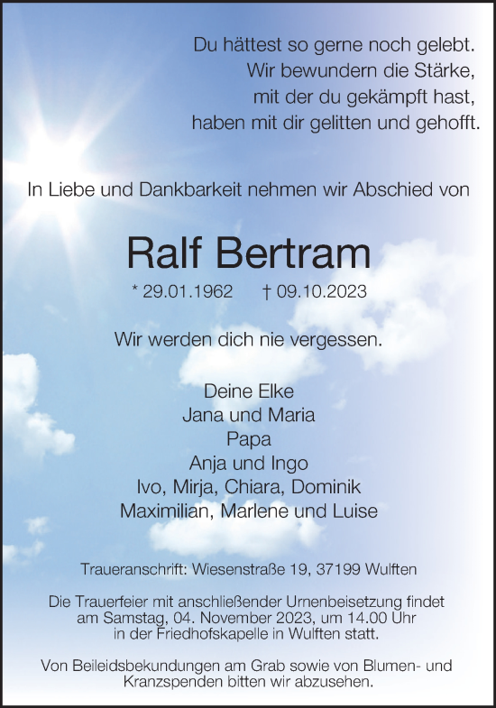 Traueranzeige von Ralf Bertram von Harz Kurier