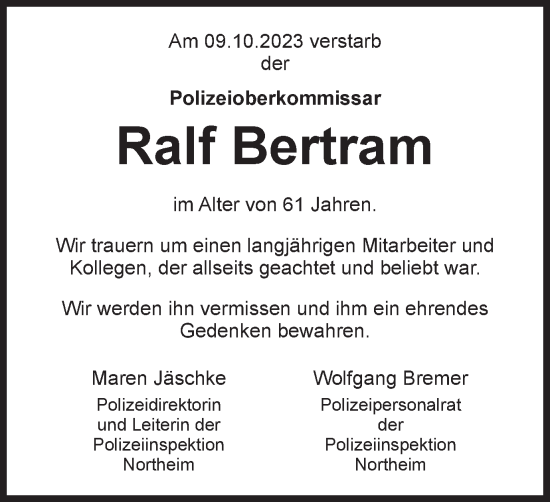 Traueranzeige von Ralf Bertram von Harz Kurier
