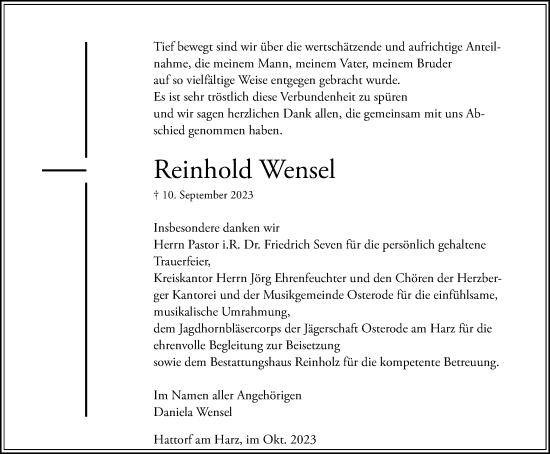 Traueranzeige von Reinhold Wensel von Harz Kurier